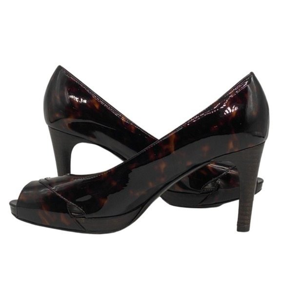 Stuart Weitzman Tortoise Pattern Patent Leather Open Toe Stiletto Pump Size 7.5 - Picture 5 of 10